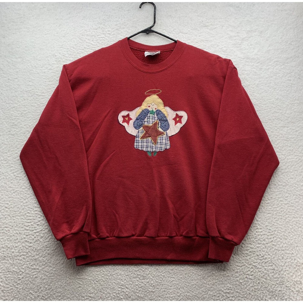 VTG Christmas Sweatshirt Womens Large Red Angel Halo Ornament Holidays USA Made